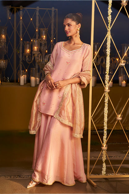 Pink Embroidered Straight Tissue Kurta with Culotte and Dupatta Set