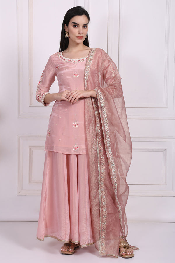 Pink Embroidered Straight Tissue Kurta with Culotte and Dupatta Set