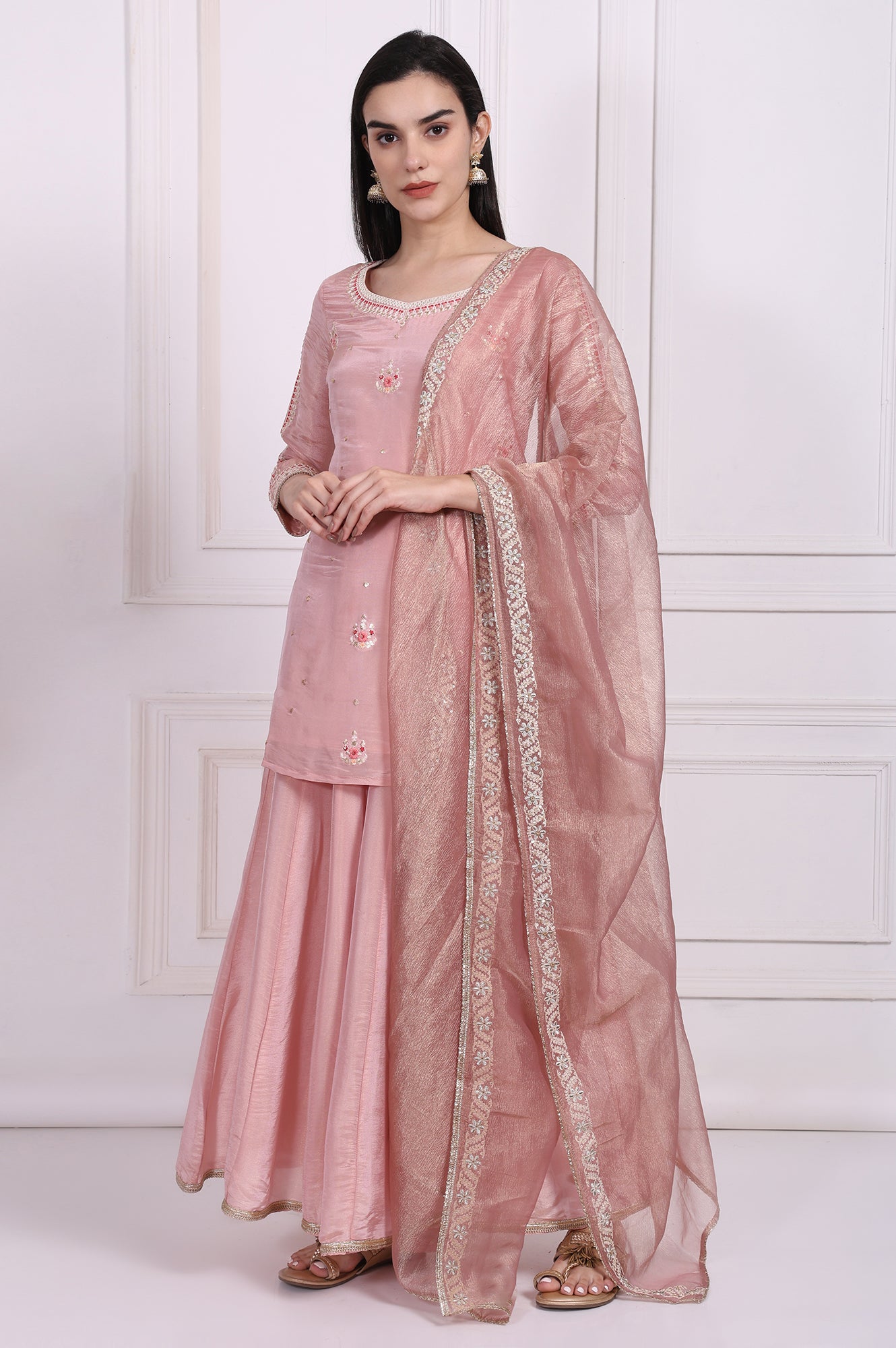 Pink Embroidered Straight Tissue Kurta with Culotte and Dupatta Set