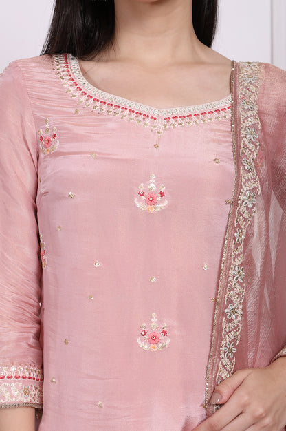 Pink Embroidered Straight Tissue Kurta with Culotte and Dupatta Set