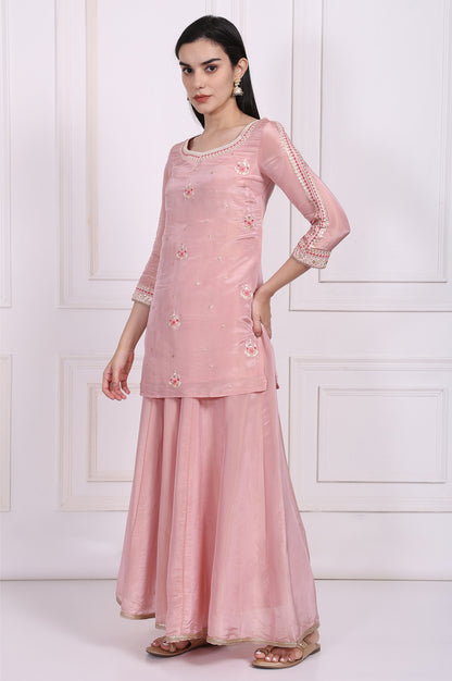 Pink Embroidered Straight Tissue Kurta with Culotte and Dupatta Set