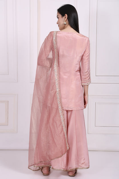 Pink Embroidered Straight Tissue Kurta with Culotte and Dupatta Set