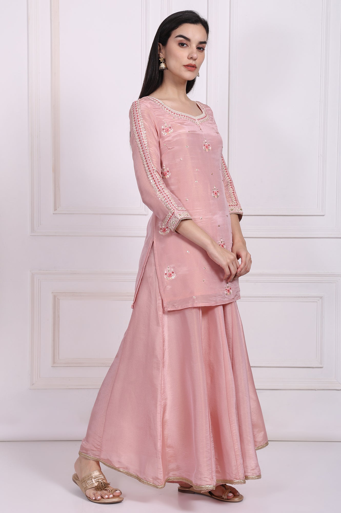 Pink Embroidered Straight Tissue Kurta with Culotte and Dupatta Set