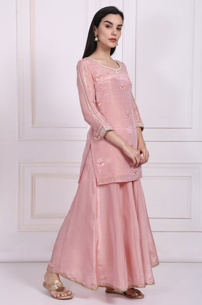 Pink Embroidered Straight Tissue Kurta with Culotte and Dupatta Set