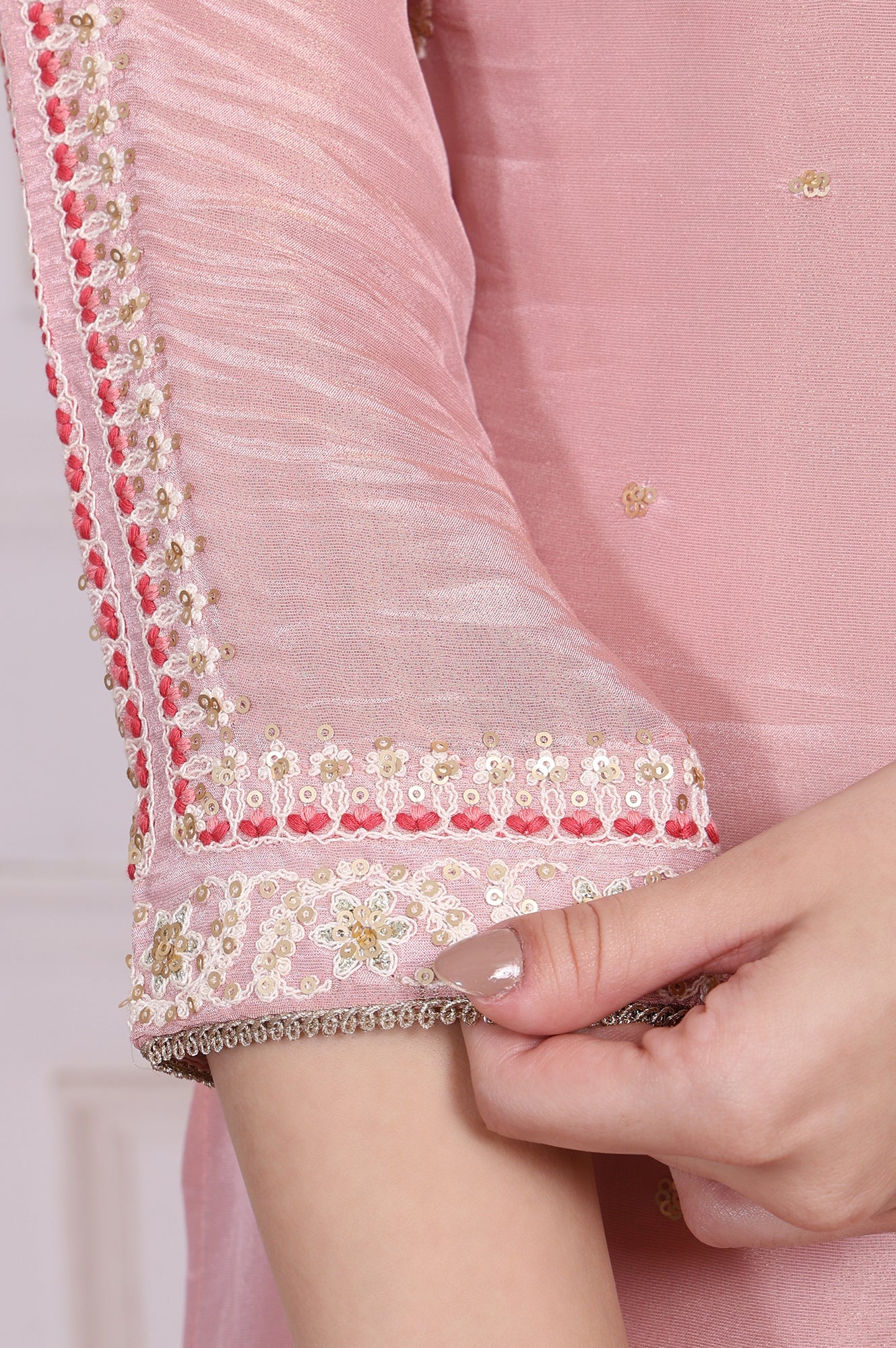 Pink Embroidered Straight Tissue Kurta with Culotte and Dupatta Set