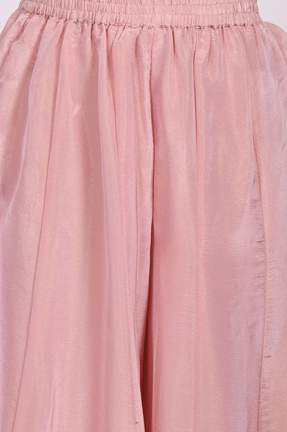 Pink Embroidered Straight Tissue Kurta with Culotte and Dupatta Set