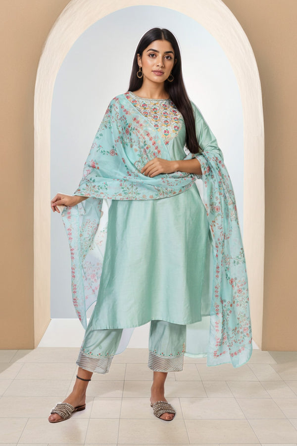 Green Embroidered Straight Jacquard Kurta with Straight Pant and Dupatta Set