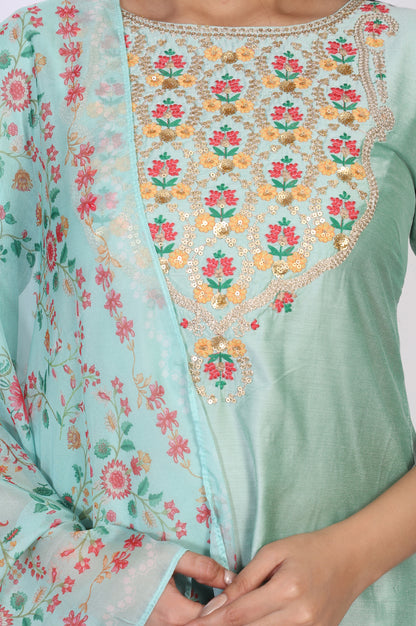 Green Embroidered Straight Jacquard Kurta with Straight Pant and Dupatta Set