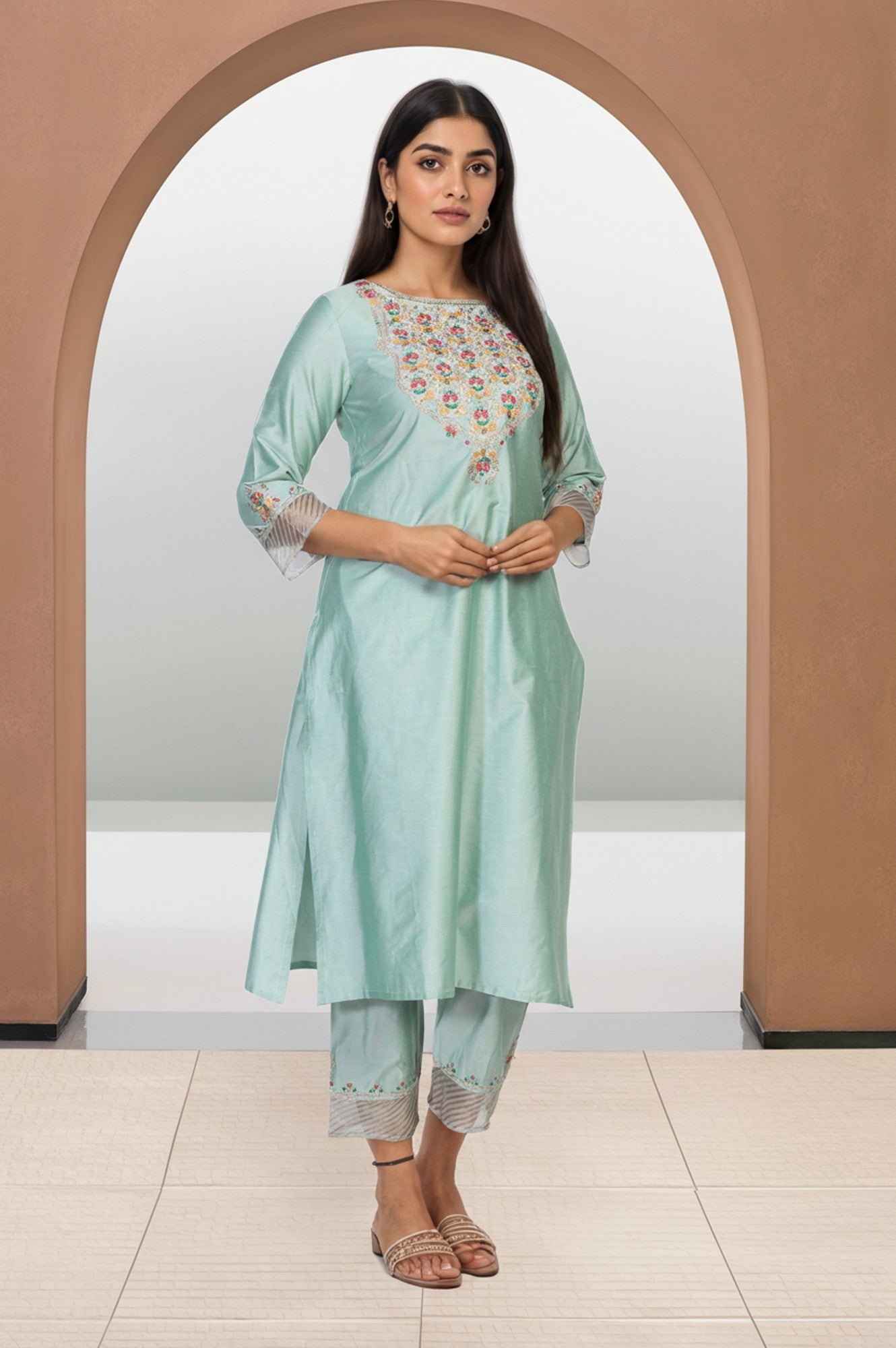 Green Embroidered Straight Jacquard Kurta with Straight Pant and Dupatta Set