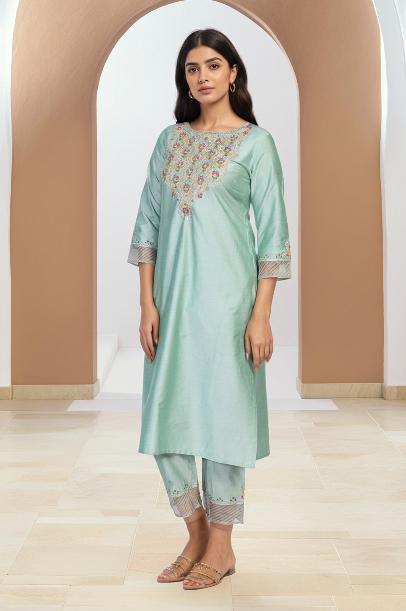 Green Embroidered Straight Jacquard Kurta with Straight Pant and Dupatta Set