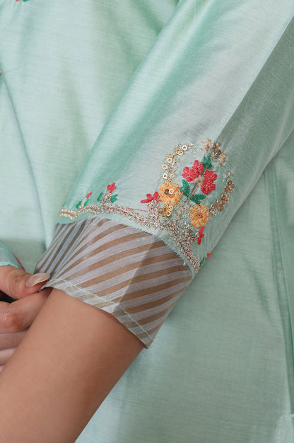 Green Embroidered Straight Jacquard Kurta with Straight Pant and Dupatta Set