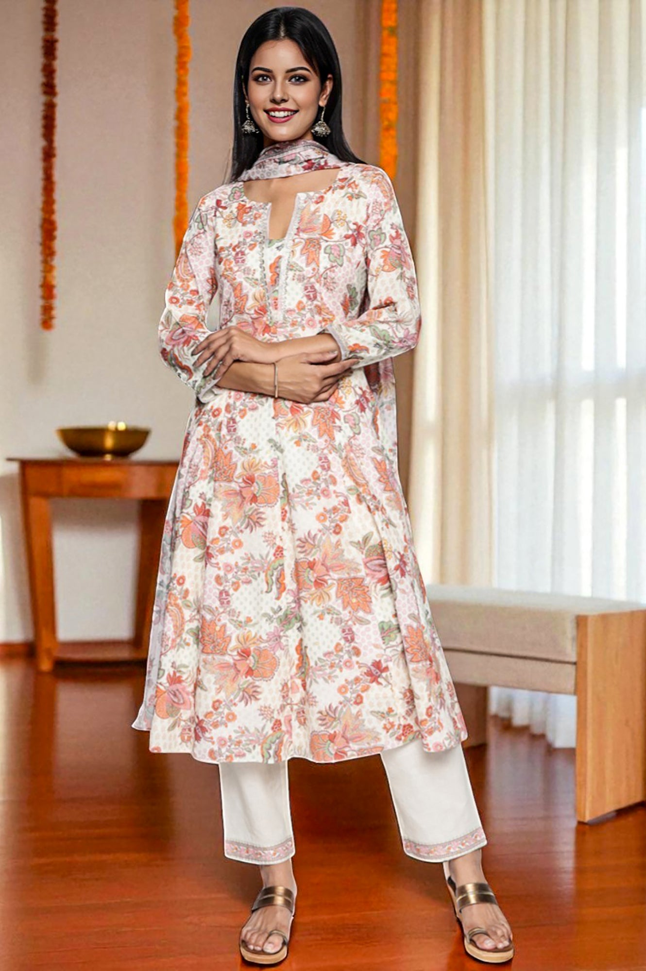 Seashell White Printed Pure Cotton Flared Kurta, Straight Pant and Dupatta Set