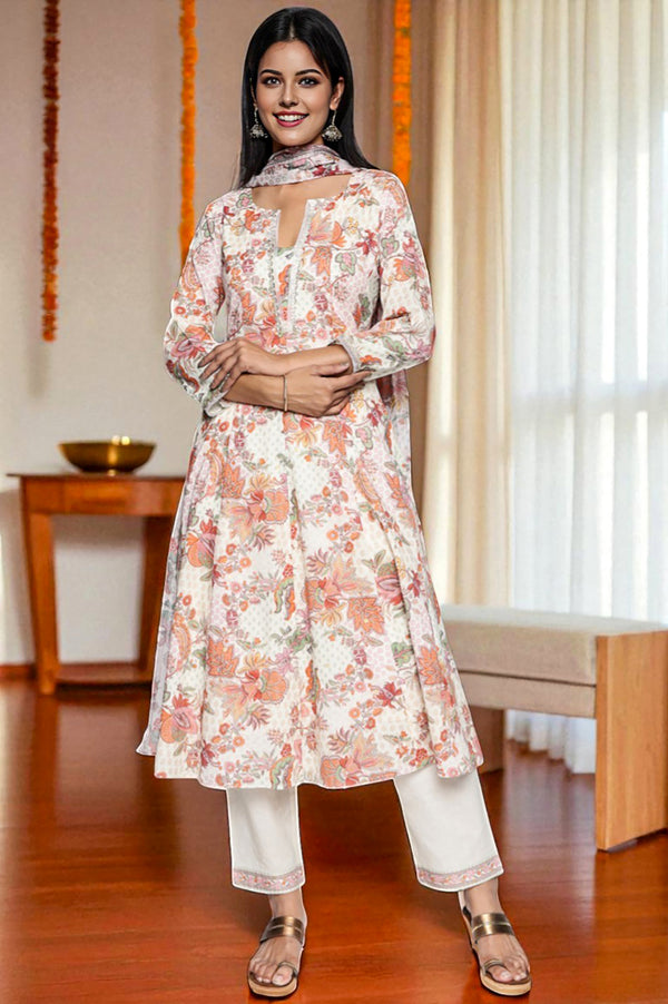 Seashell White Printed Pure Cotton Flared Kurta, Straight Pant and Dupatta Set