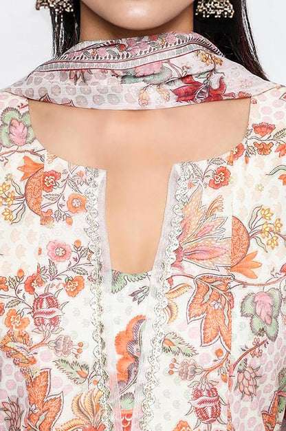 Seashell White Printed Pure Cotton Flared Kurta, Straight Pant and Dupatta Set