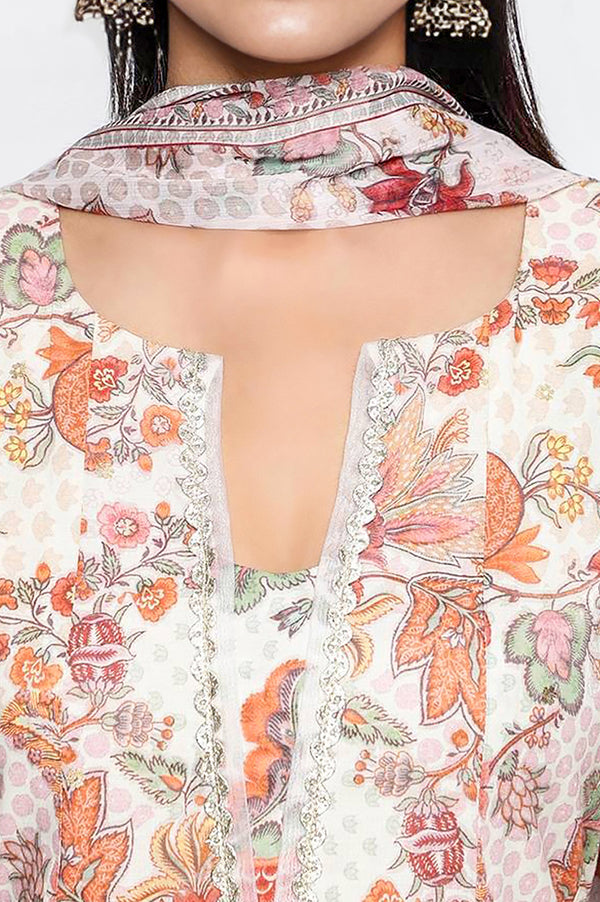 Seashell White Printed Pure Cotton Flared Kurta, Straight Pant and Dupatta Set