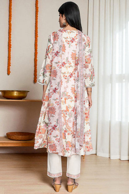 Seashell White Printed Pure Cotton Flared Kurta, Straight Pant and Dupatta Set
