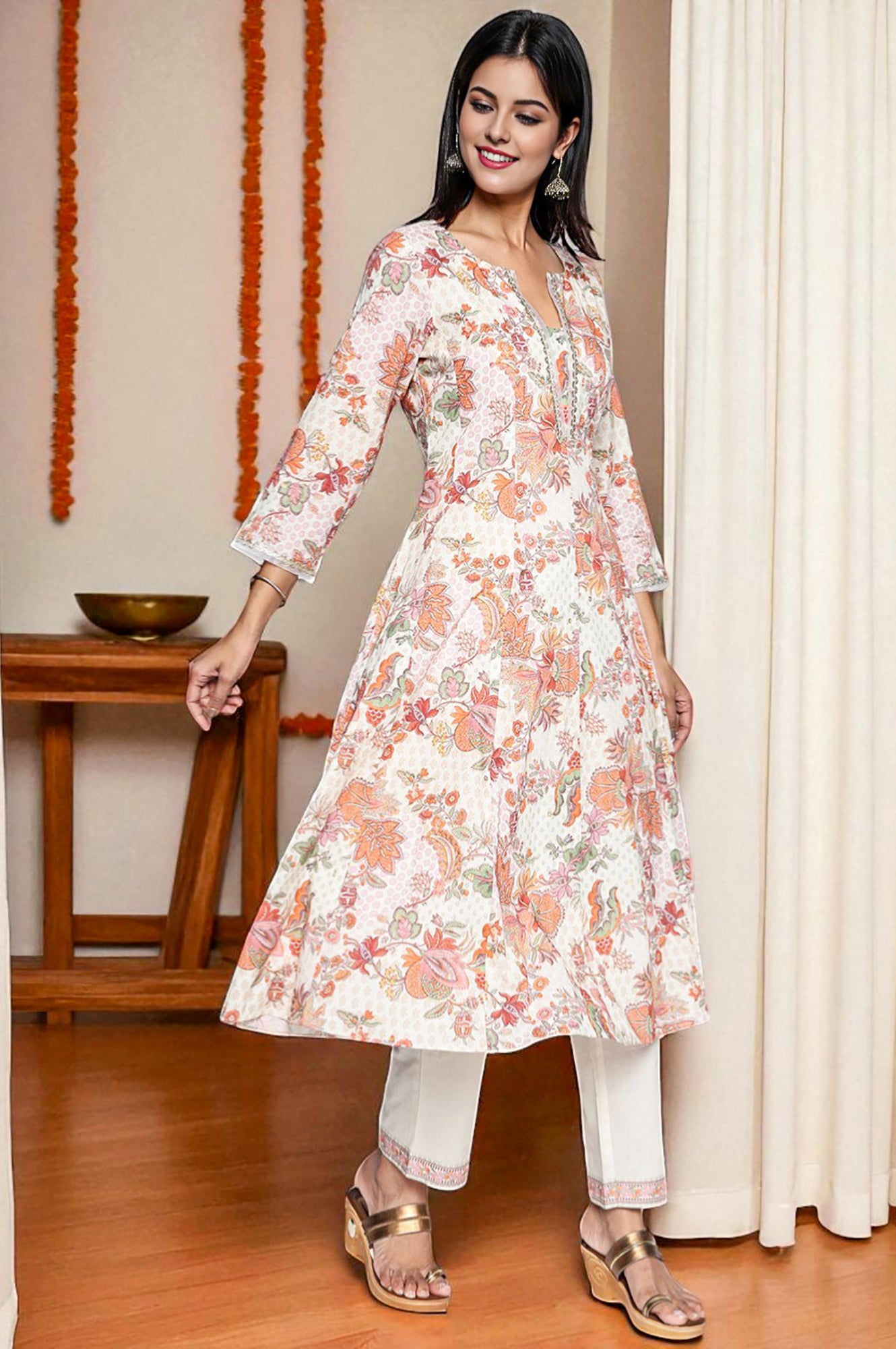 Seashell White Printed Pure Cotton Flared Kurta, Straight Pant and Dupatta Set