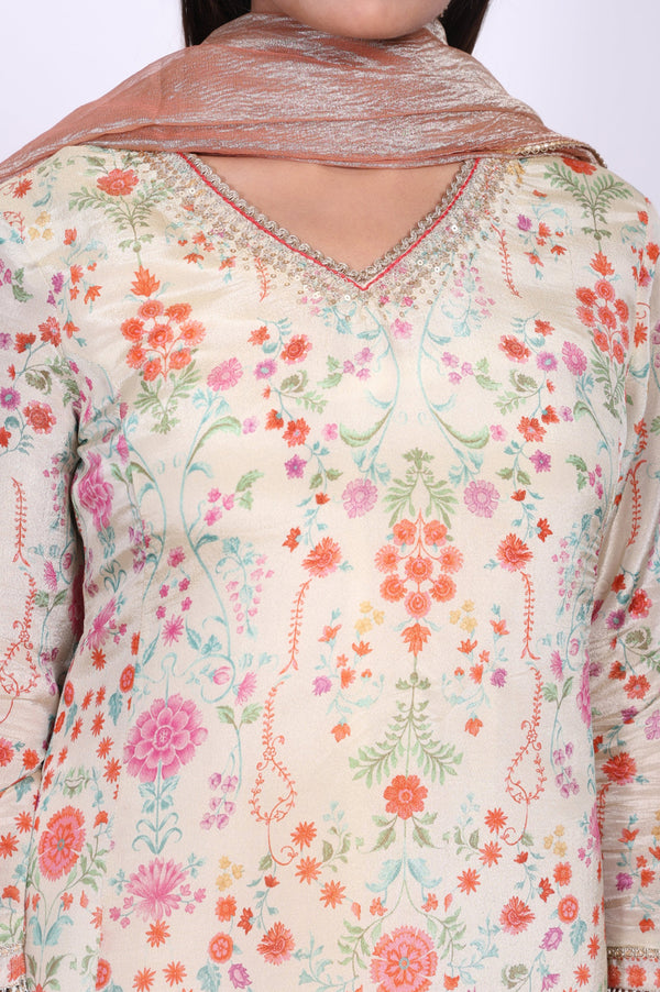 Cream Floral Printed Tissue A-Line Kurta with Straight Pant and Dupatta Set