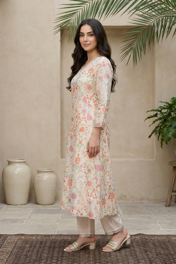 Cream Floral Printed Tissue A-Line Kurta with Straight Pant and Dupatta Set