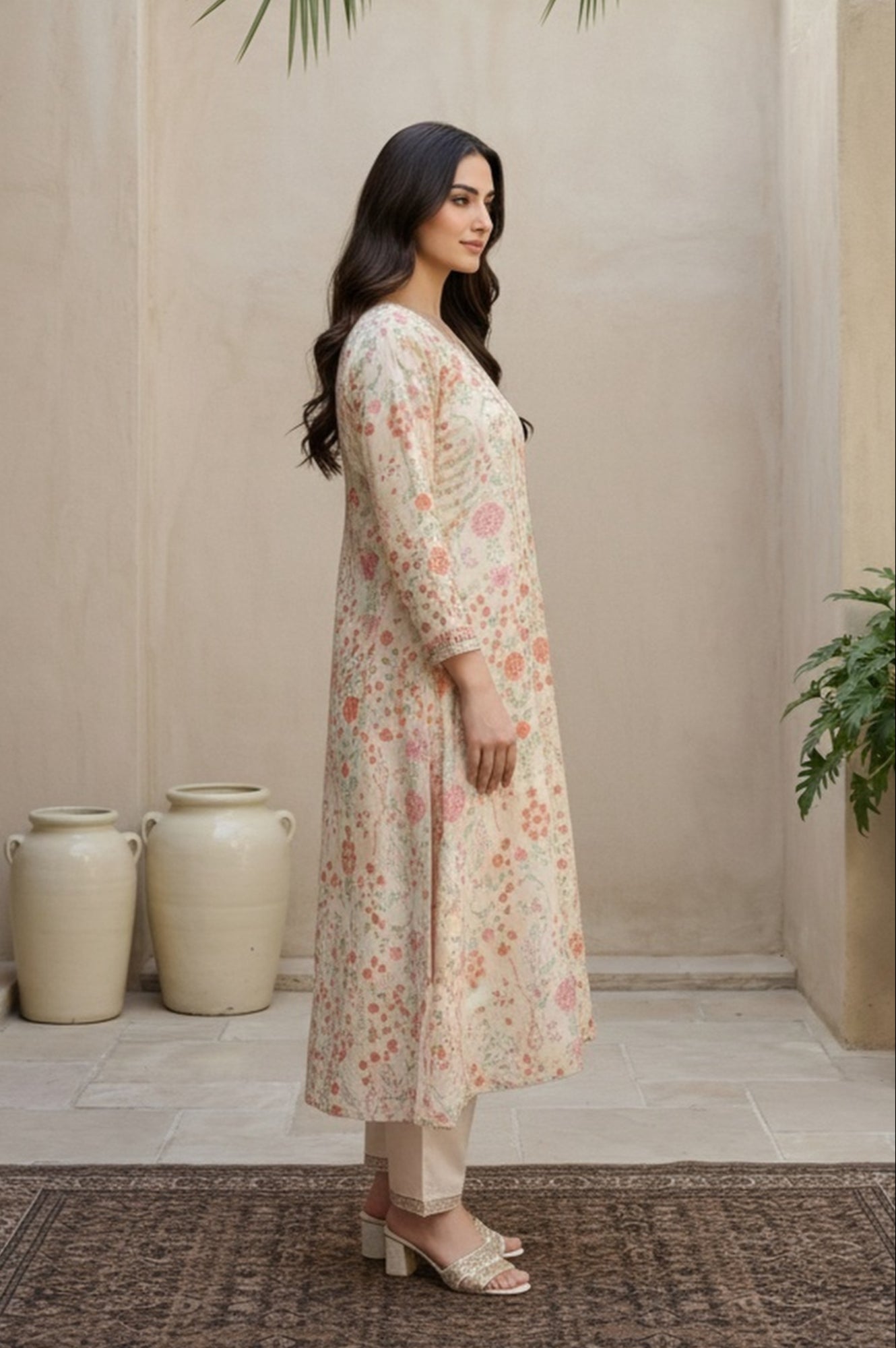 Cream Floral Printed Tissue A-Line Kurta with Straight Pant and Dupatta Set