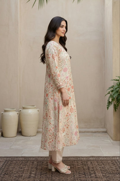 Cream Floral Printed Tissue A-Line Kurta with Straight Pant and Dupatta Set