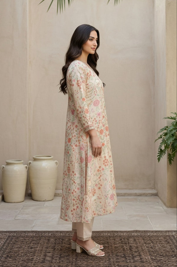 Cream Floral Printed Tissue A-Line Kurta with Straight Pant and Dupatta Set