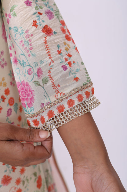 Cream Floral Printed Tissue A-Line Kurta with Straight Pant and Dupatta Set