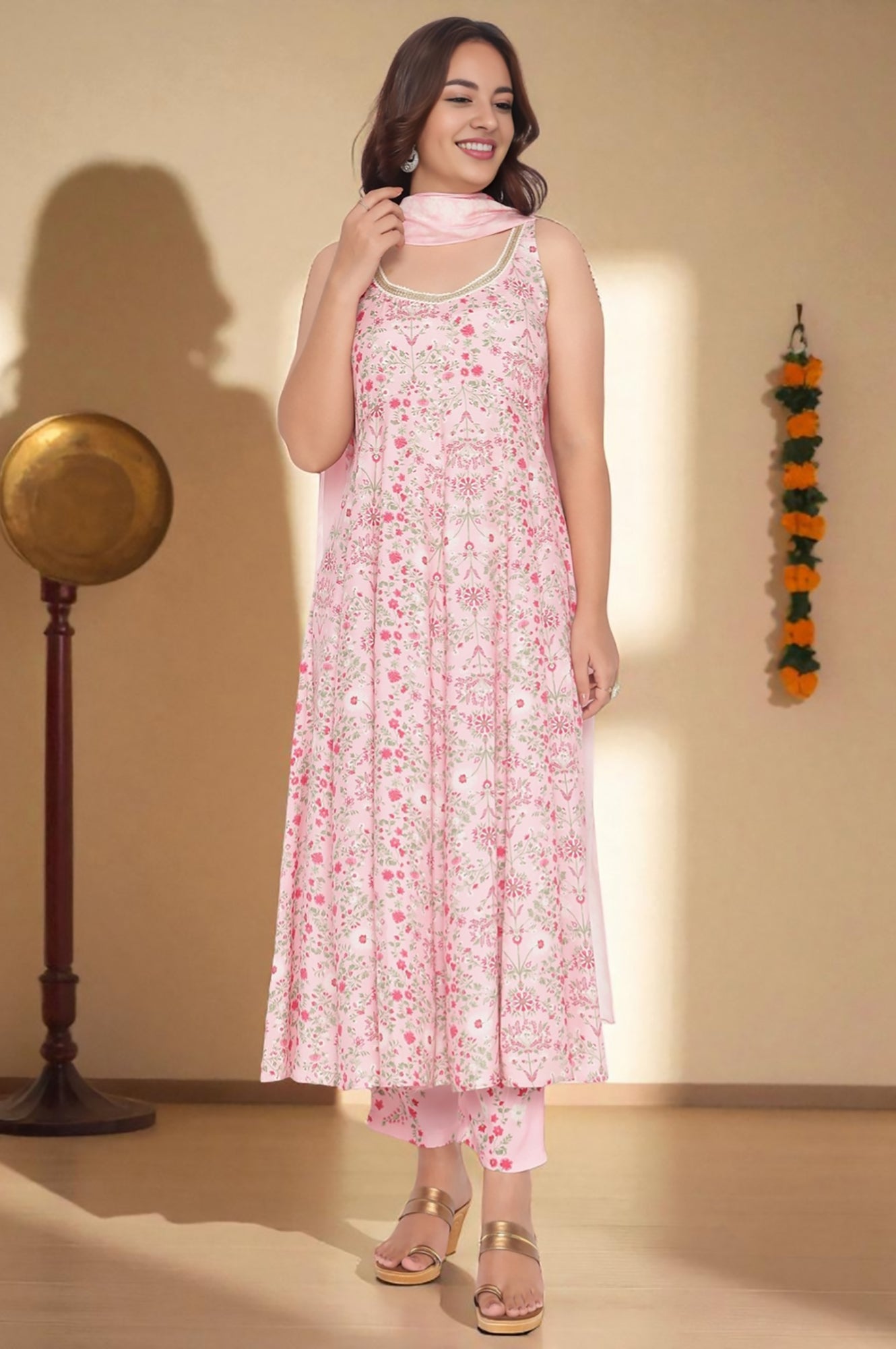 Rose Pink Printed Shantung Flared Kurta, Parallel Pant and Dupatta Set
