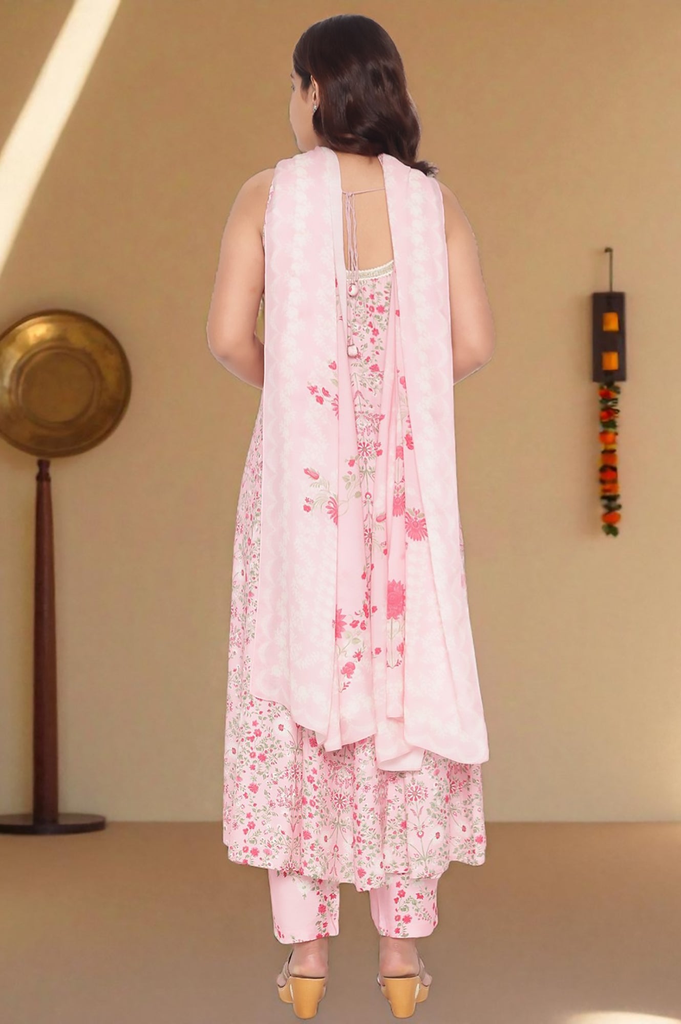 Rose Pink Printed Shantung Flared Kurta, Parallel Pant and Dupatta Set