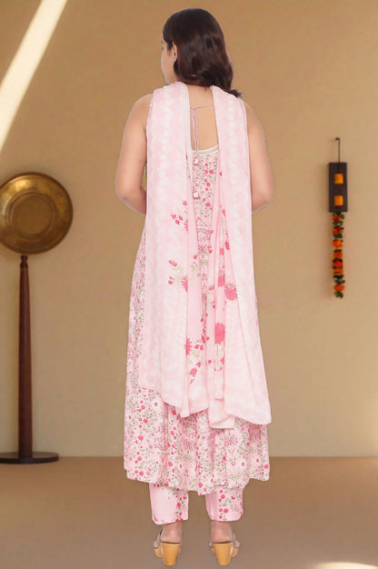 Rose Pink Printed Shantung Flared Kurta, Parallel Pant and Dupatta Set