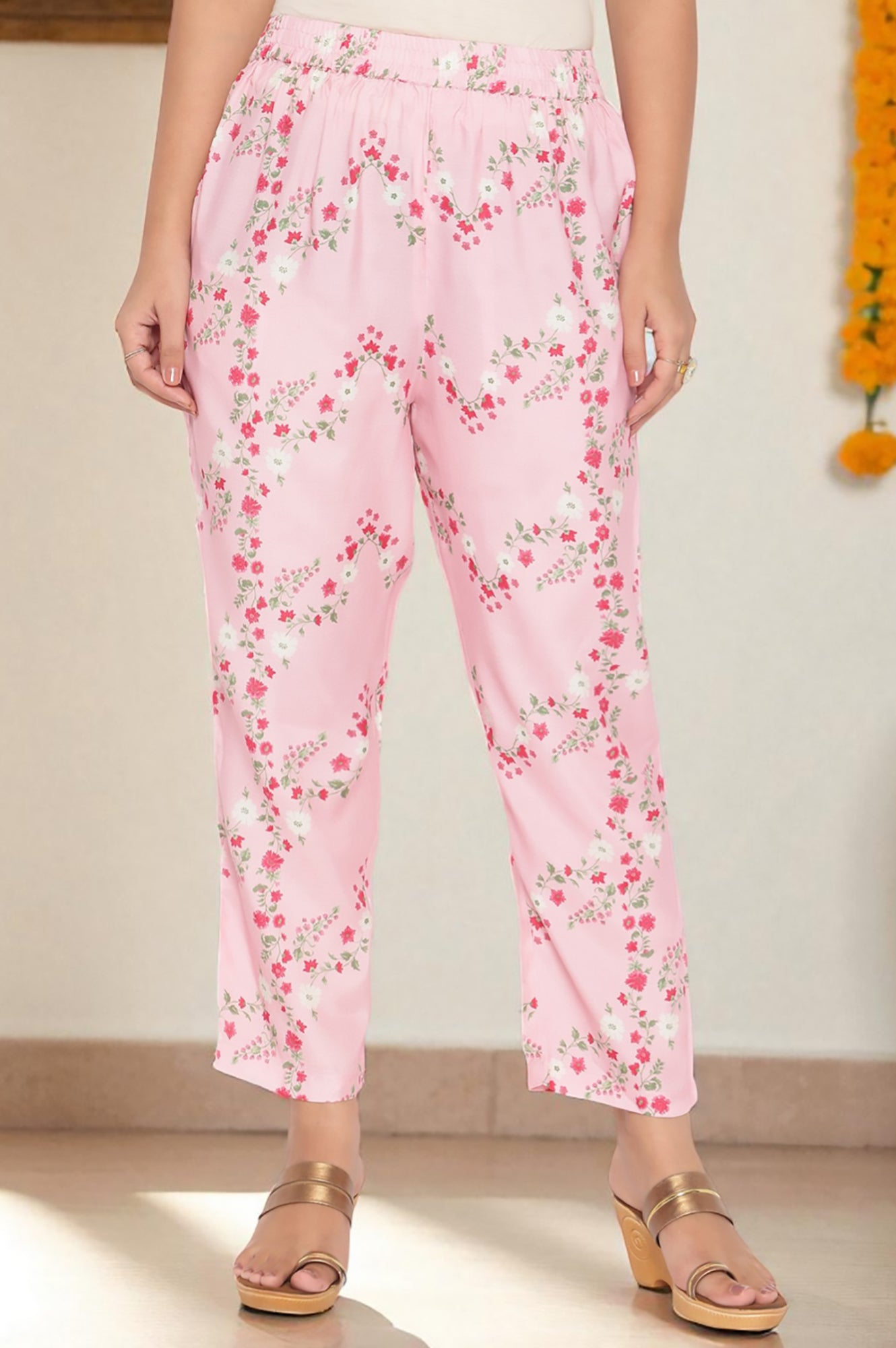 Rose Pink Printed Shantung Flared Kurta, Parallel Pant and Dupatta Set