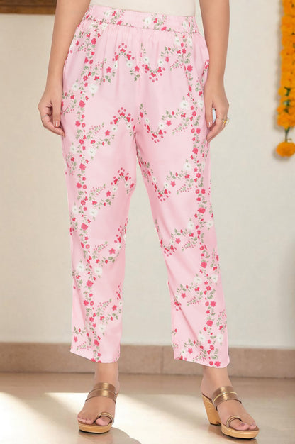 Rose Pink Printed Shantung Flared Kurta, Parallel Pant and Dupatta Set