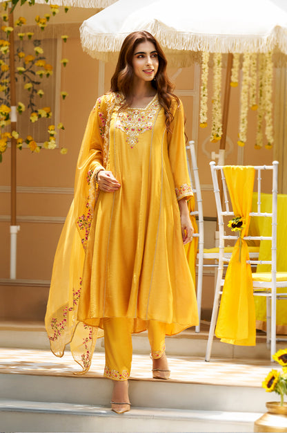 Yellow Floral Embroidered Straight Kurta with Pants and Dupatta Set
