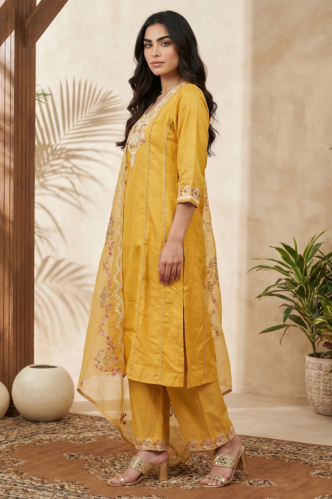 Yellow Floral Embroidered Straight Kurta with Pants and Dupatta Set