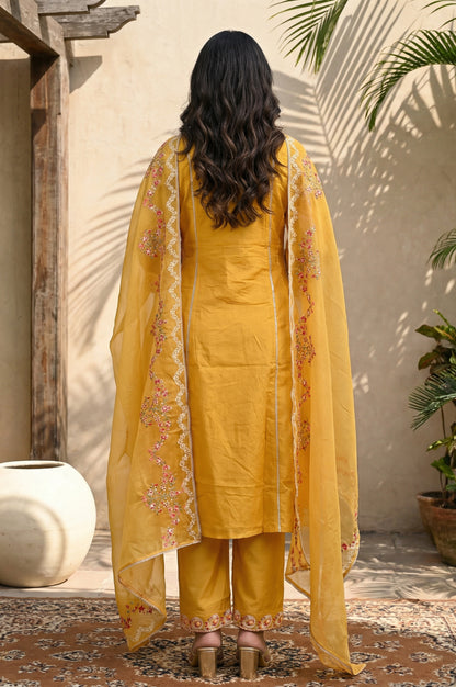 Yellow Floral Embroidered Straight Kurta with Pants and Dupatta Set