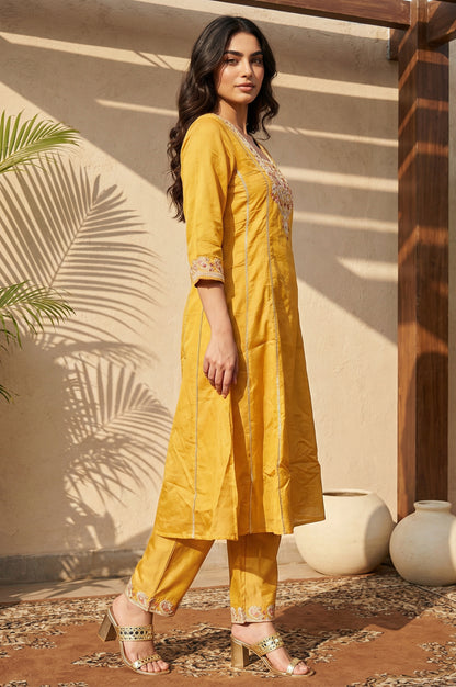 Yellow Floral Embroidered Straight Kurta with Pants and Dupatta Set