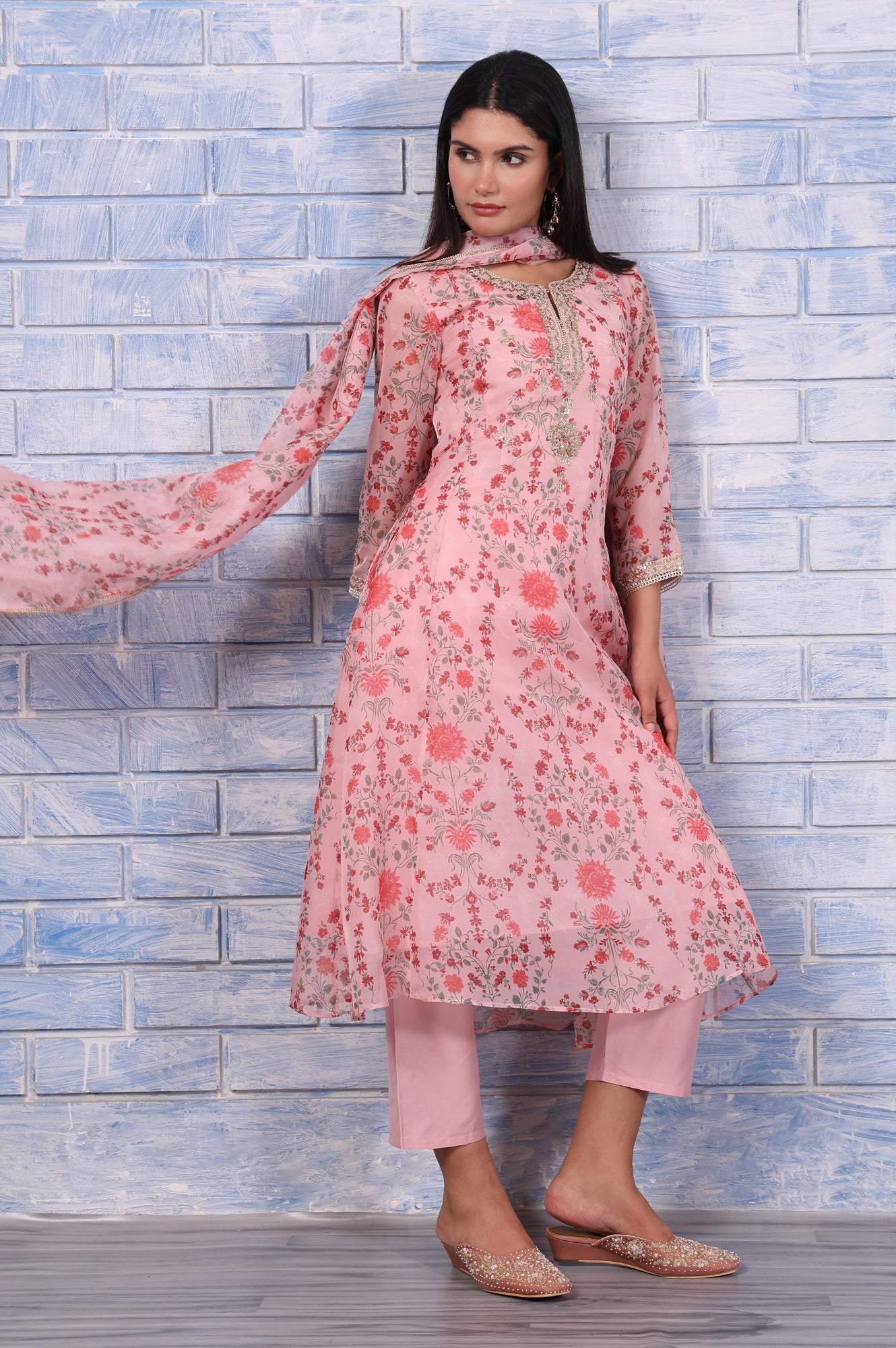 Pink Floral Printed Dori Embroidered Organza Flared Kurta, Straight Pant And Dupatta Set