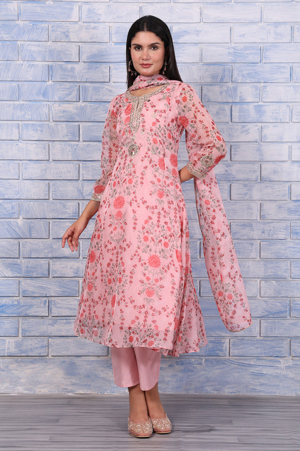 Pink Floral Printed Dori Embroidered Organza Flared Kurta, Straight Pant And Dupatta Set