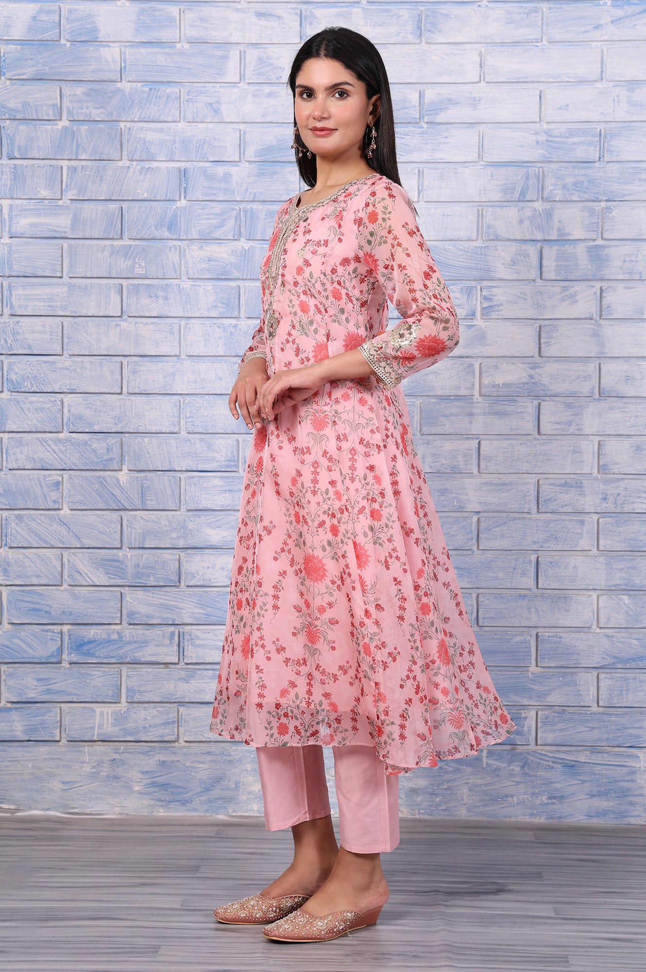 Pink Floral Printed Dori Embroidered Organza Flared Kurta, Straight Pant And Dupatta Set