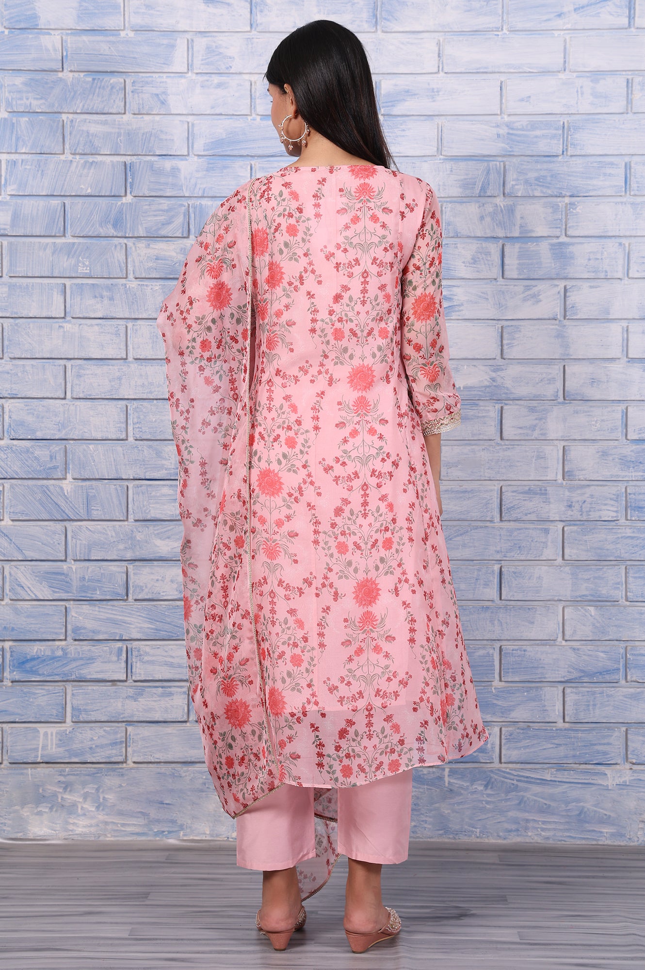 Pink Floral Printed Dori Embroidered Organza Flared Kurta, Straight Pant And Dupatta Set