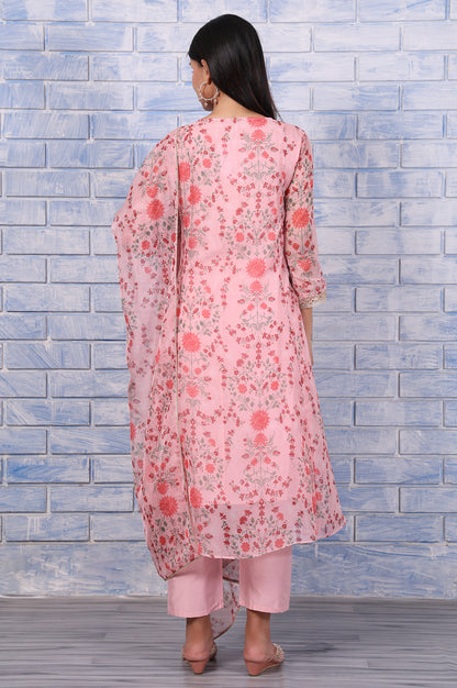 Pink Floral Printed Dori Embroidered Organza Flared Kurta, Straight Pant And Dupatta Set
