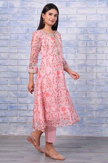Pink Floral Printed Dori Embroidered Organza Flared Kurta, Straight Pant And Dupatta Set