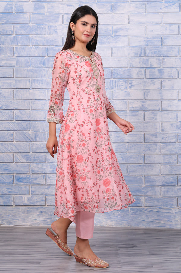 Pink Floral Printed Dori Embroidered Organza Flared Kurta, Straight Pant And Dupatta Set