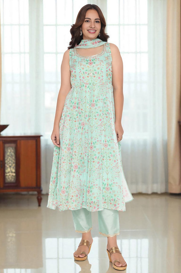 Mint Green Printed Organza Flared Kurta, Straight Pant and Dupatta Set