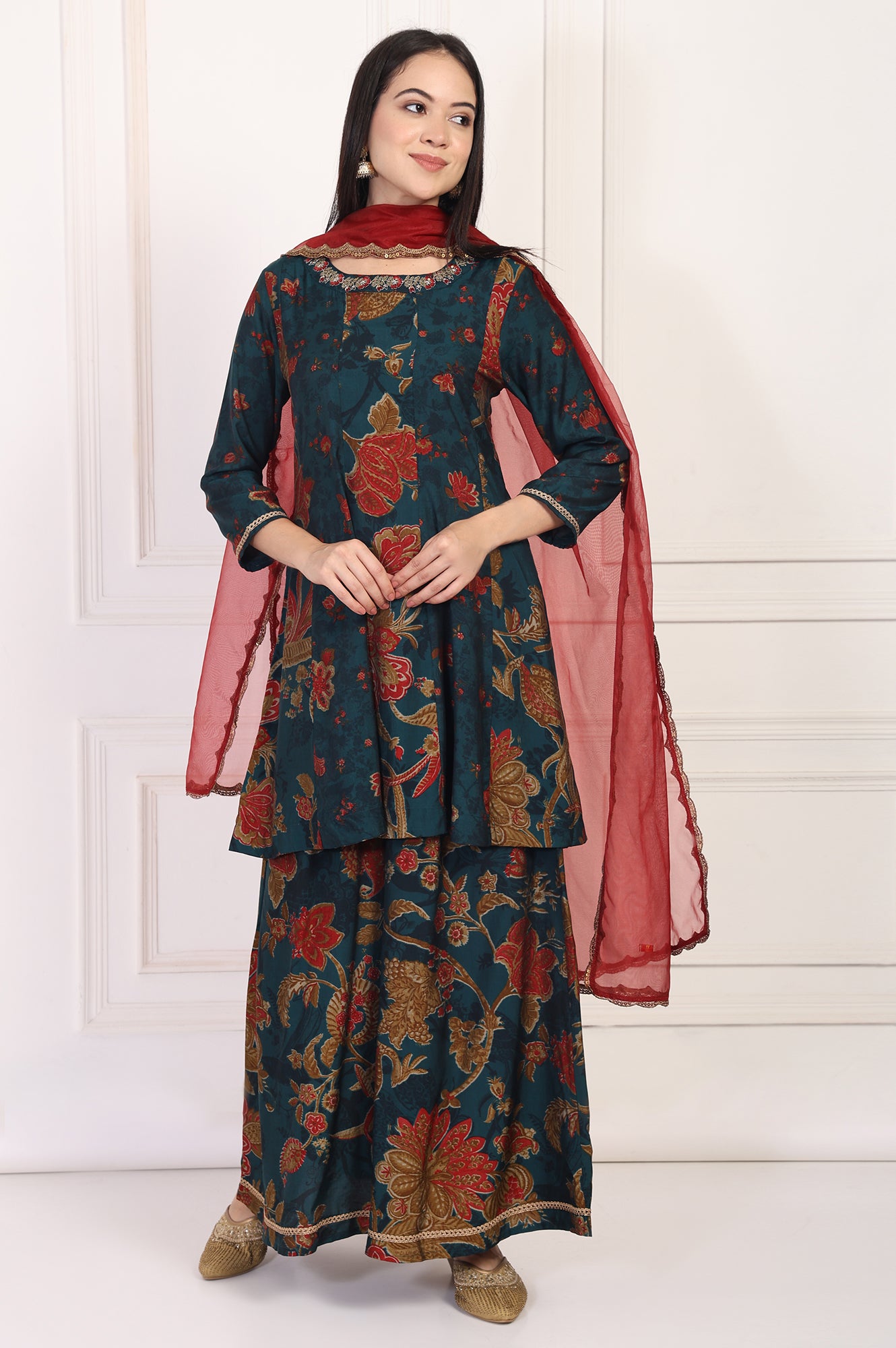 Teal Floral Printed Embellished A-Line Kurta with Flared Pant and Dupatta Set