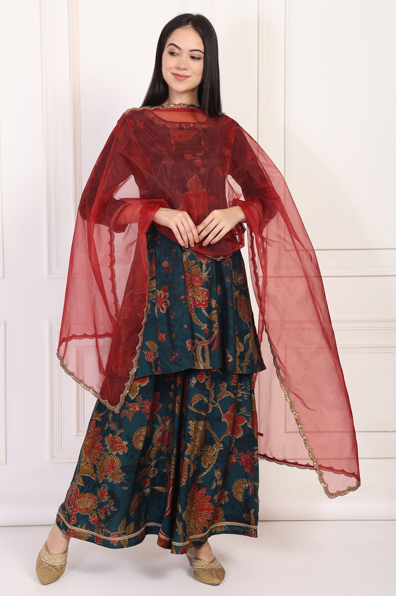 Teal Floral Printed Embellished A-Line Kurta with Flared Pant and Dupatta Set