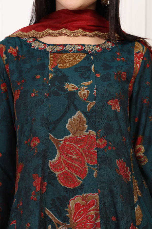 Teal Floral Printed Embellished A-Line Kurta with Flared Pant and Dupatta Set