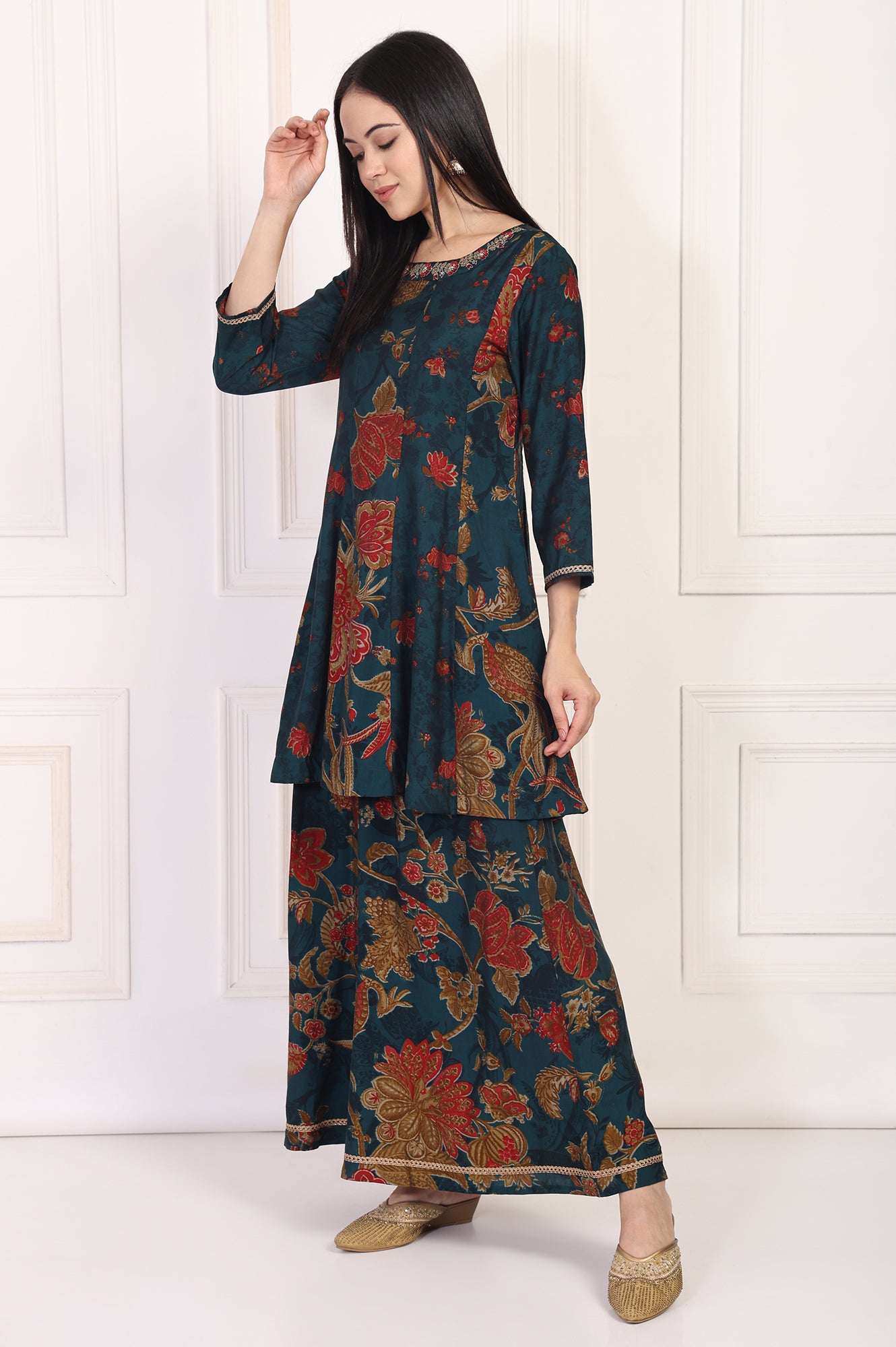 Teal Floral Printed Embellished A-Line Kurta with Flared Pant and Dupatta Set