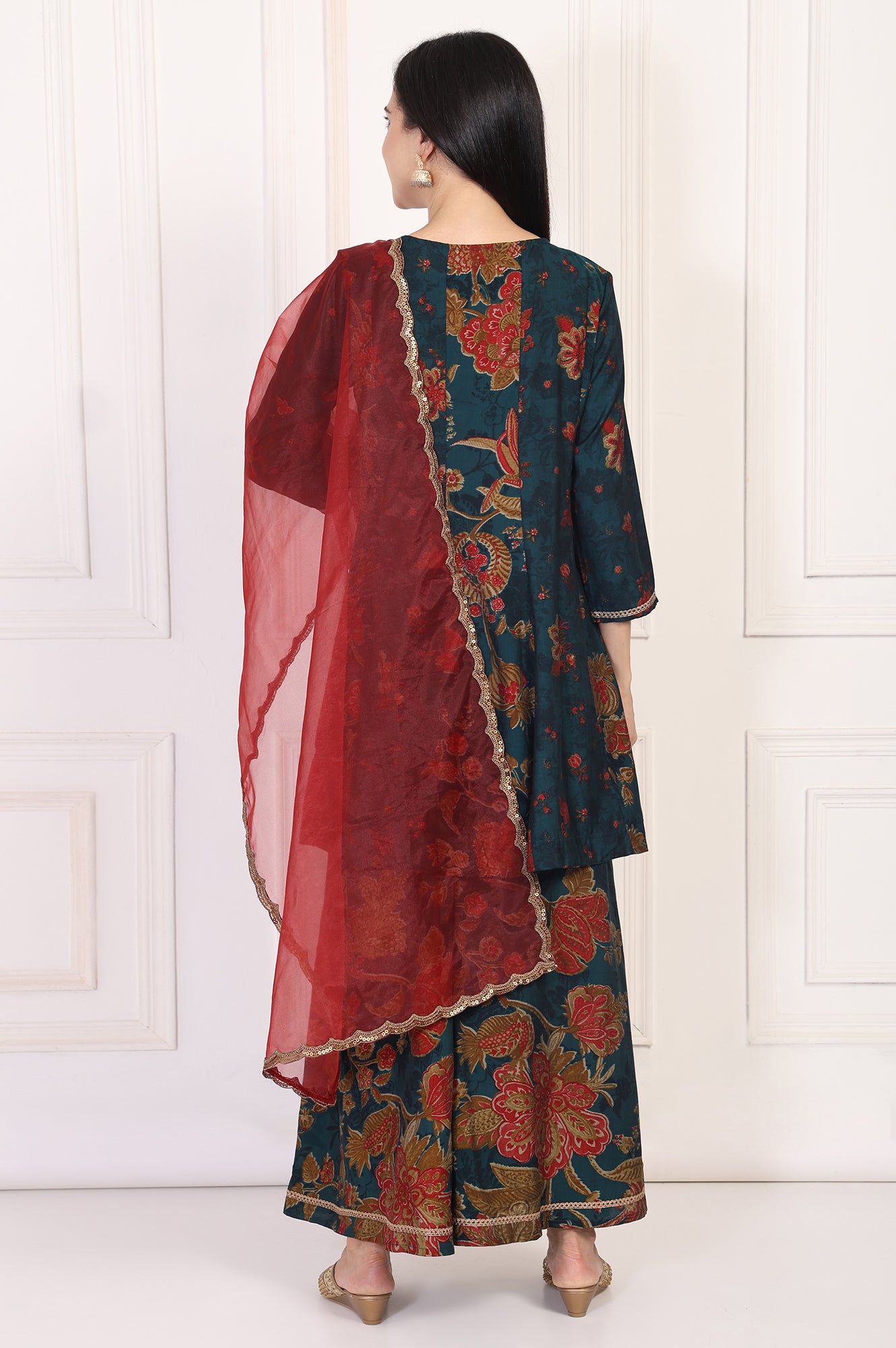 Teal Floral Printed Embellished A-Line Kurta with Flared Pant and Dupatta Set