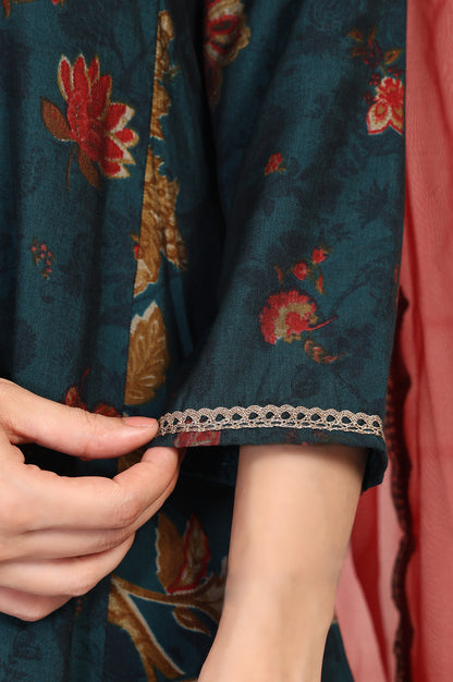 Teal Floral Printed Embellished A-Line Kurta with Flared Pant and Dupatta Set